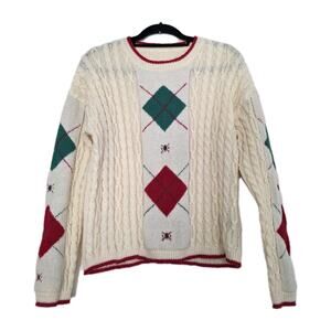 Vintage Cable Knit Argyle Sweater Women L Preppy Christmas Holiday 90s Fisherman